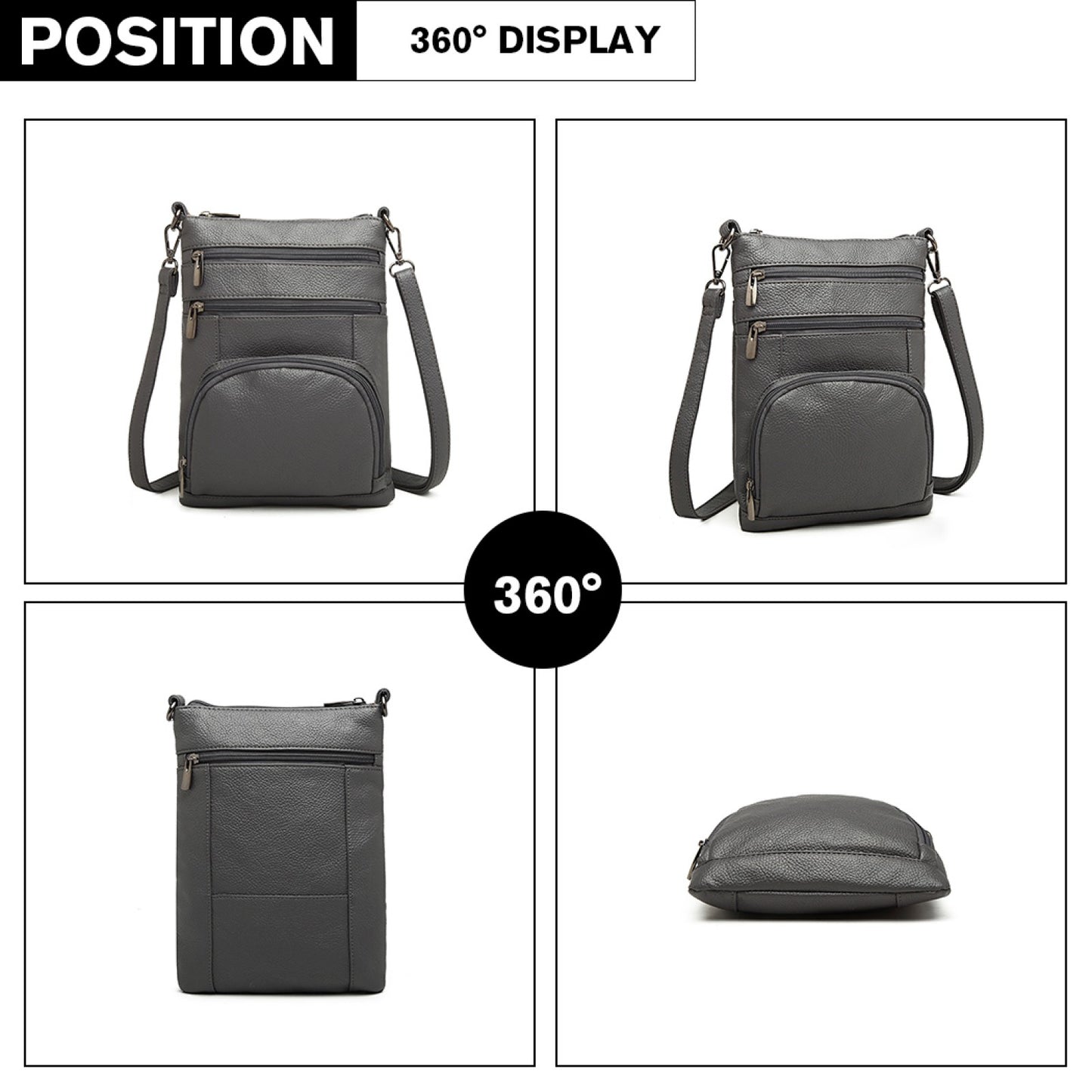 Kono Miss Lulu Multi Pocket Leather Look RFID-Blocking Cross Body Bag (LB6927) - Grey