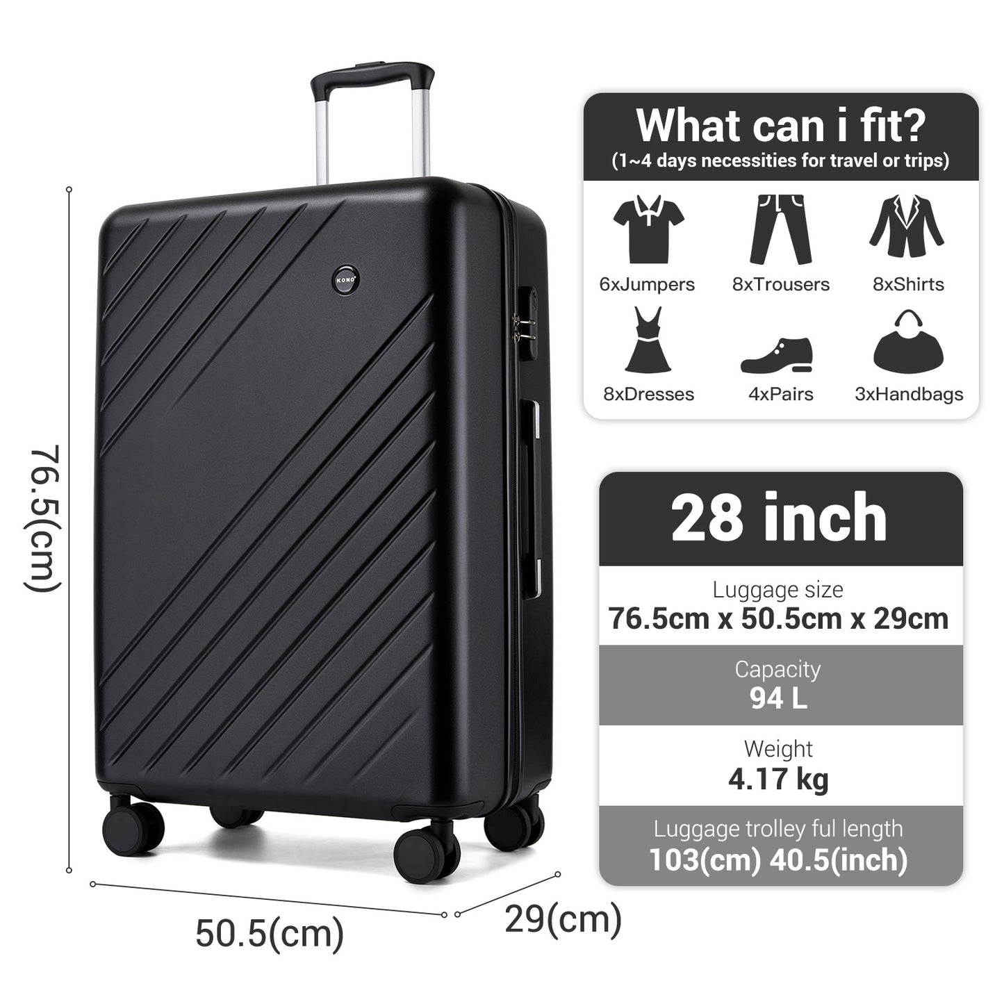 Kono ABS+PC Hard Shell Luggage, Diagonal Stripe Lightweight Travel Suitcase with Silent Spinner Wheels & Organised Interior (KSK2585) - Black