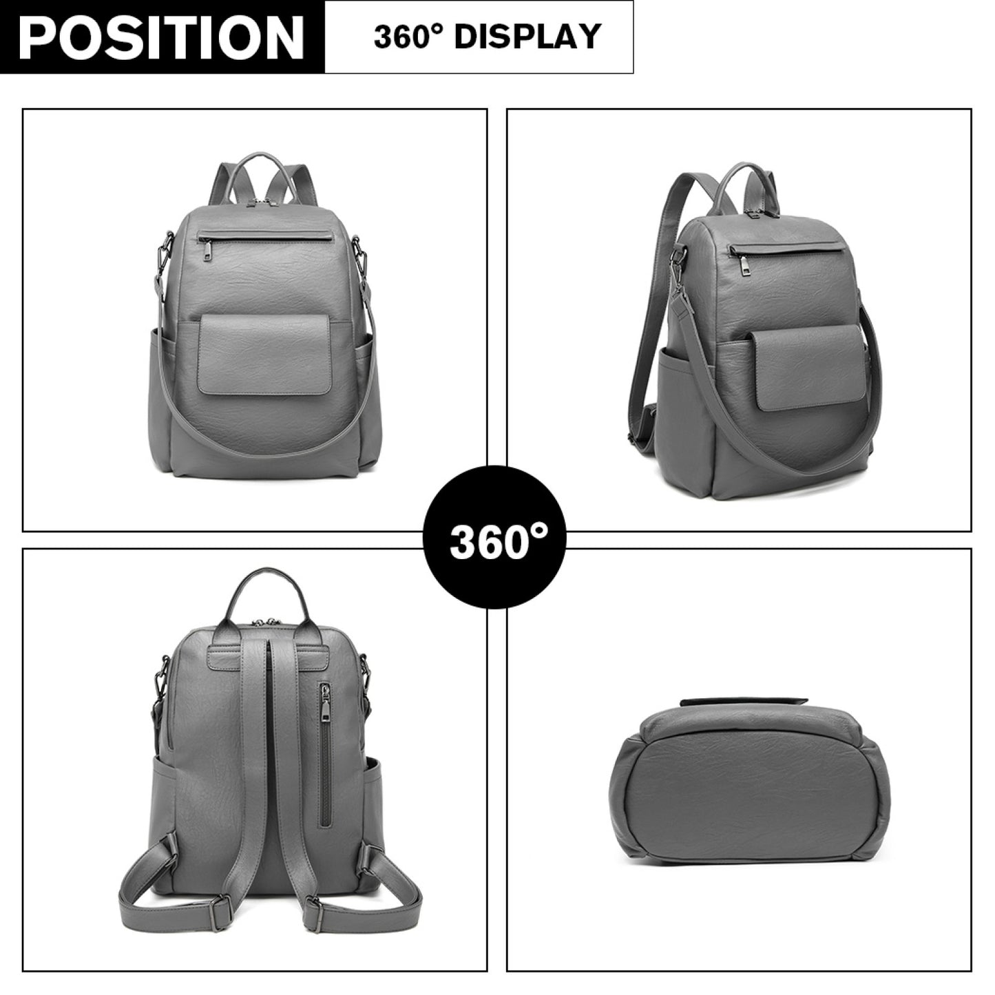 Miss Lulu Large Leather Look Backpack (LH2012) - Grey