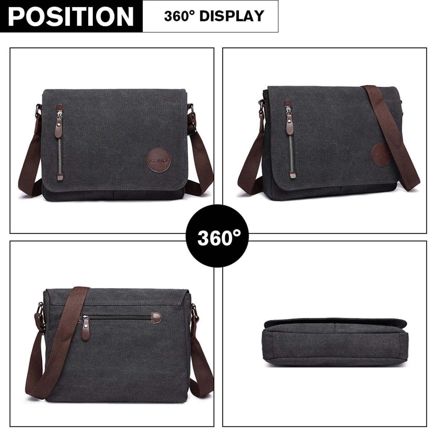 Kono RFID-Blocking Retro Style Canvas Cross Body Messenger Bag (E1824-1) - Black