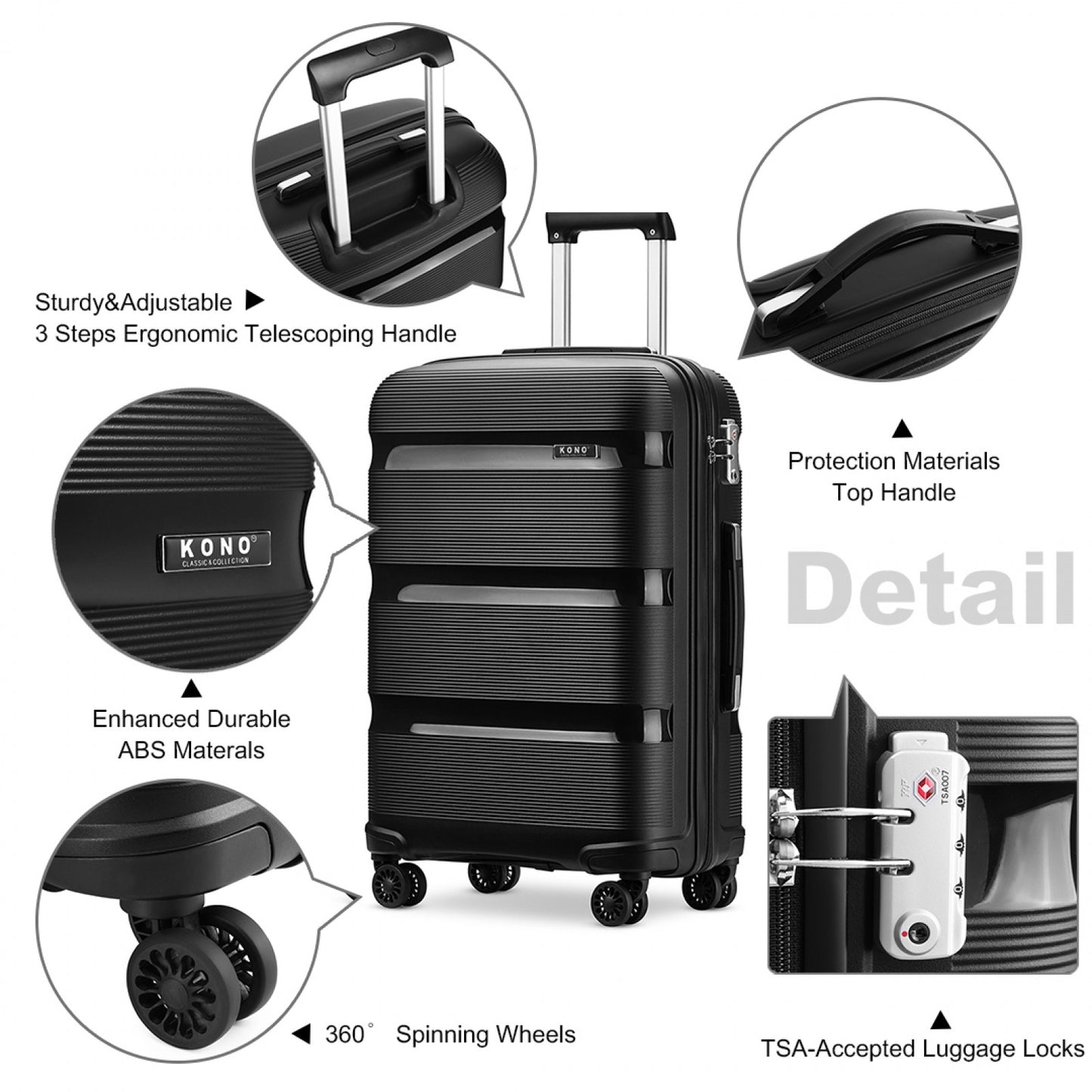 Kono Bright Hard Shell PP Suitcase In (K2092L) - Black