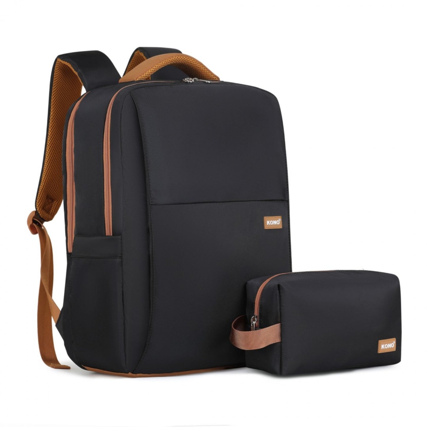 Black and brown Kono laptop travel backpack with matching pouch