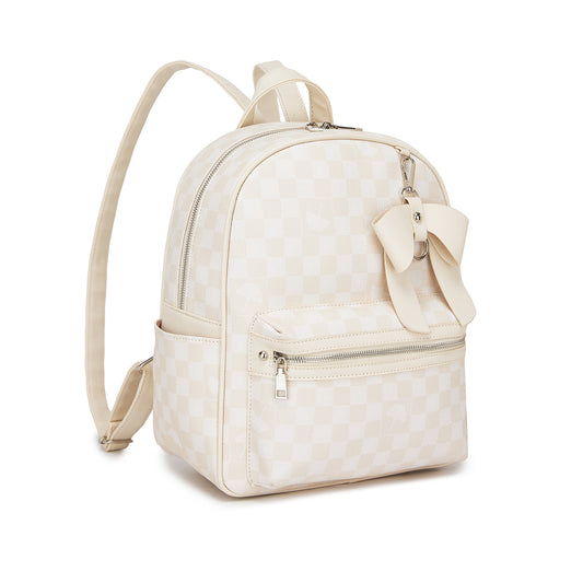 Miss Lulu Checked PVC Backpack with Detachable Bow, Casual Women’s Daypack for School, Travel & Daily Use (BPM2614) - Beige