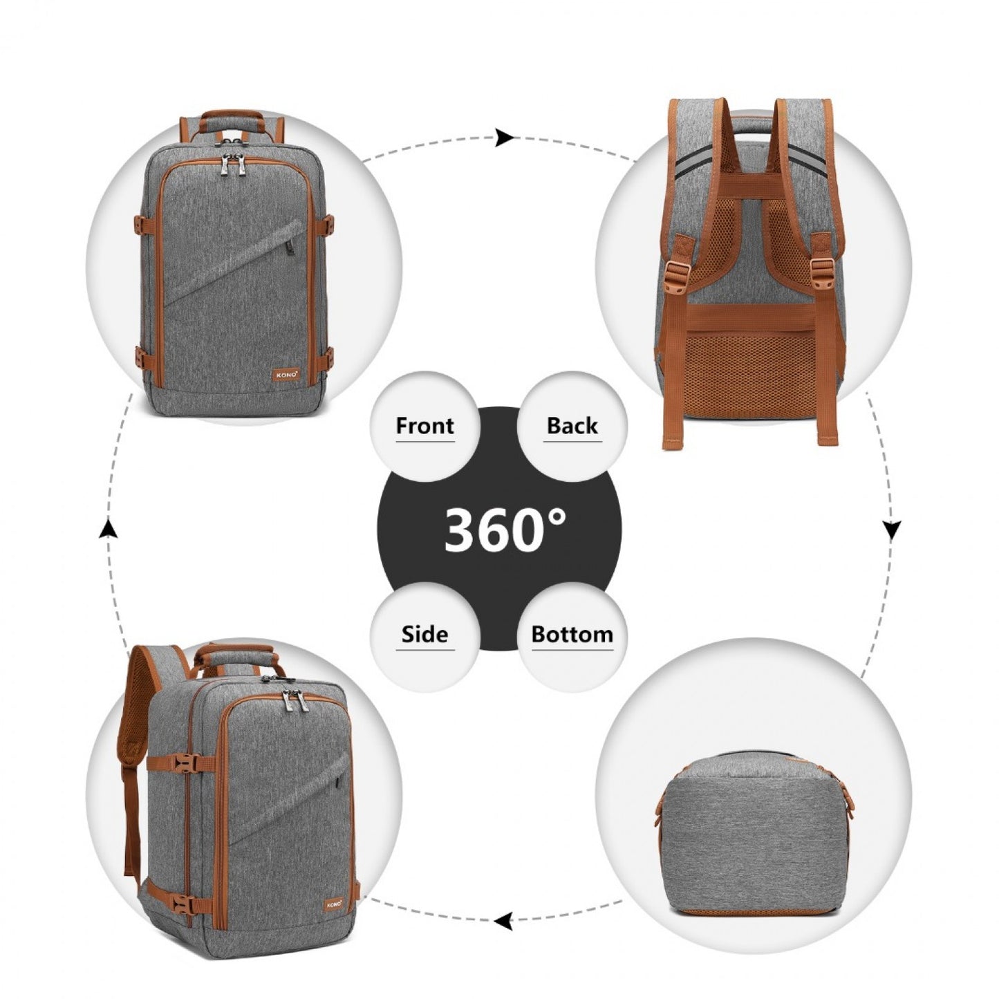 Kono Lightweight Cabin Bag Travel Business Backpack (EM2231S) - Grey & Brown