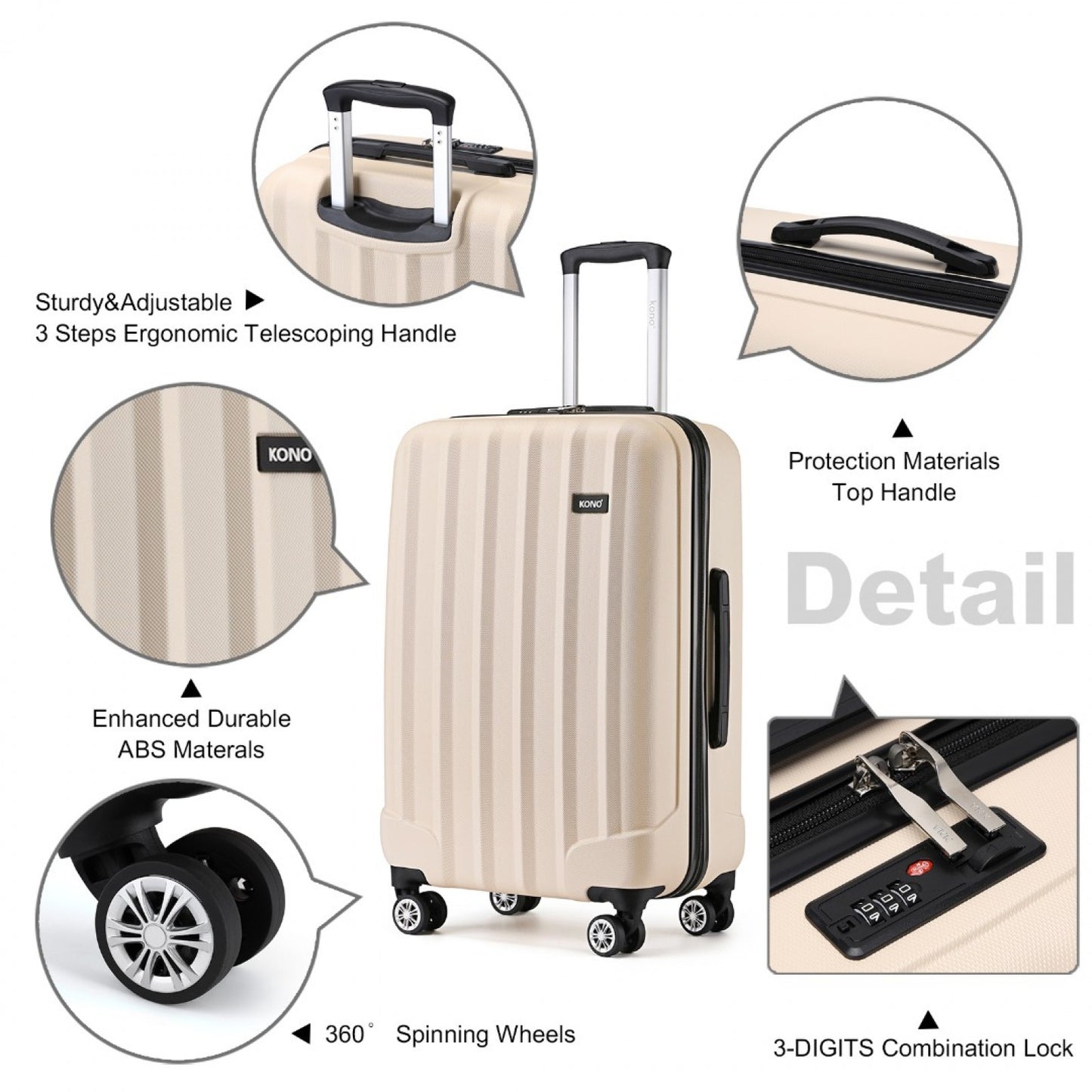 Kono ABS+PC Hard Shell Luggage with Vertical Stripes Ideal for (K1773-1L) - Beige