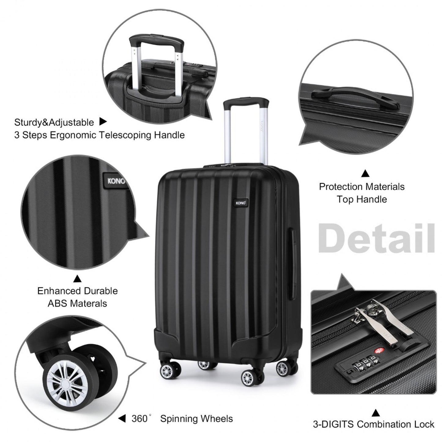 Kono ABS+PC Hard Shell Luggage with Vertical Stripes Ideal for (K1773-1L) - Black