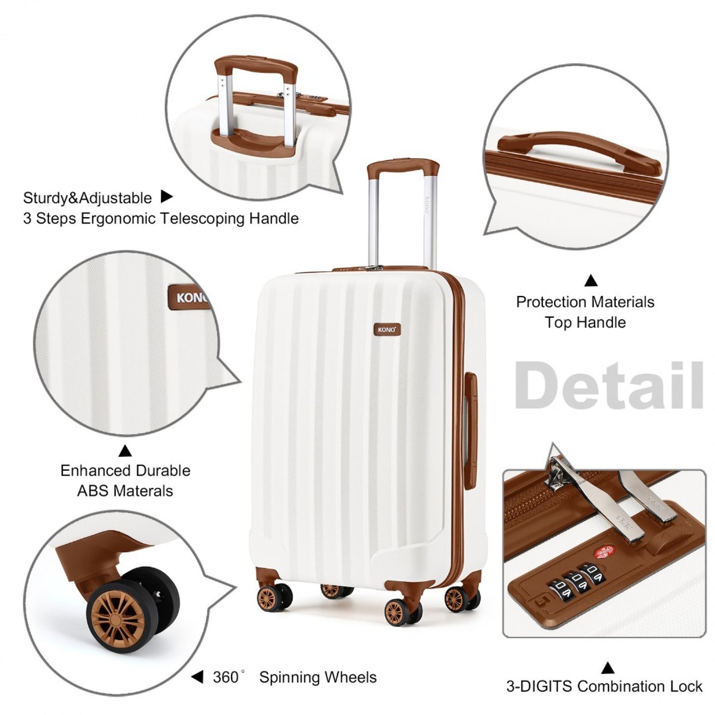 Kono ABS+PC Hard Shell Luggage with Vertical Stripes Ideal for (K1773-1L) - Cream