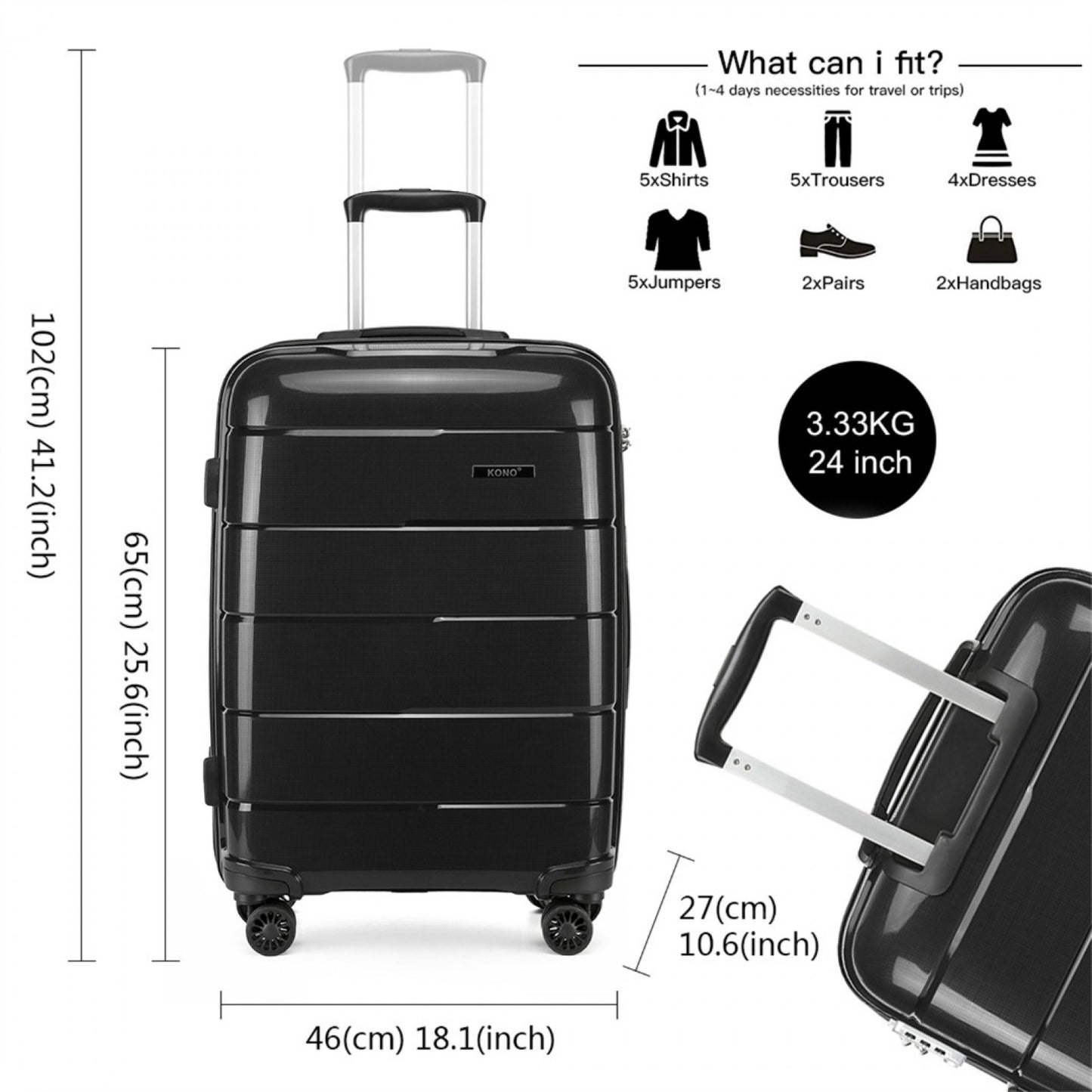 Kono Hard Shell PP Suitcase (K1997L) - Black