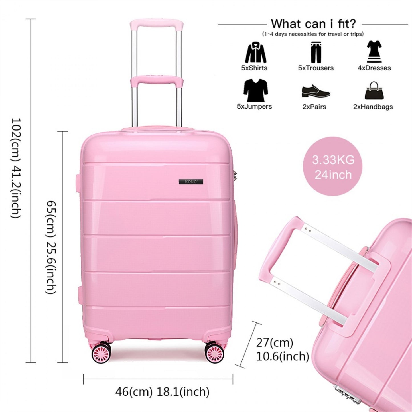 Kono Hard Shell PP Suitcase (K1997L) - Pink