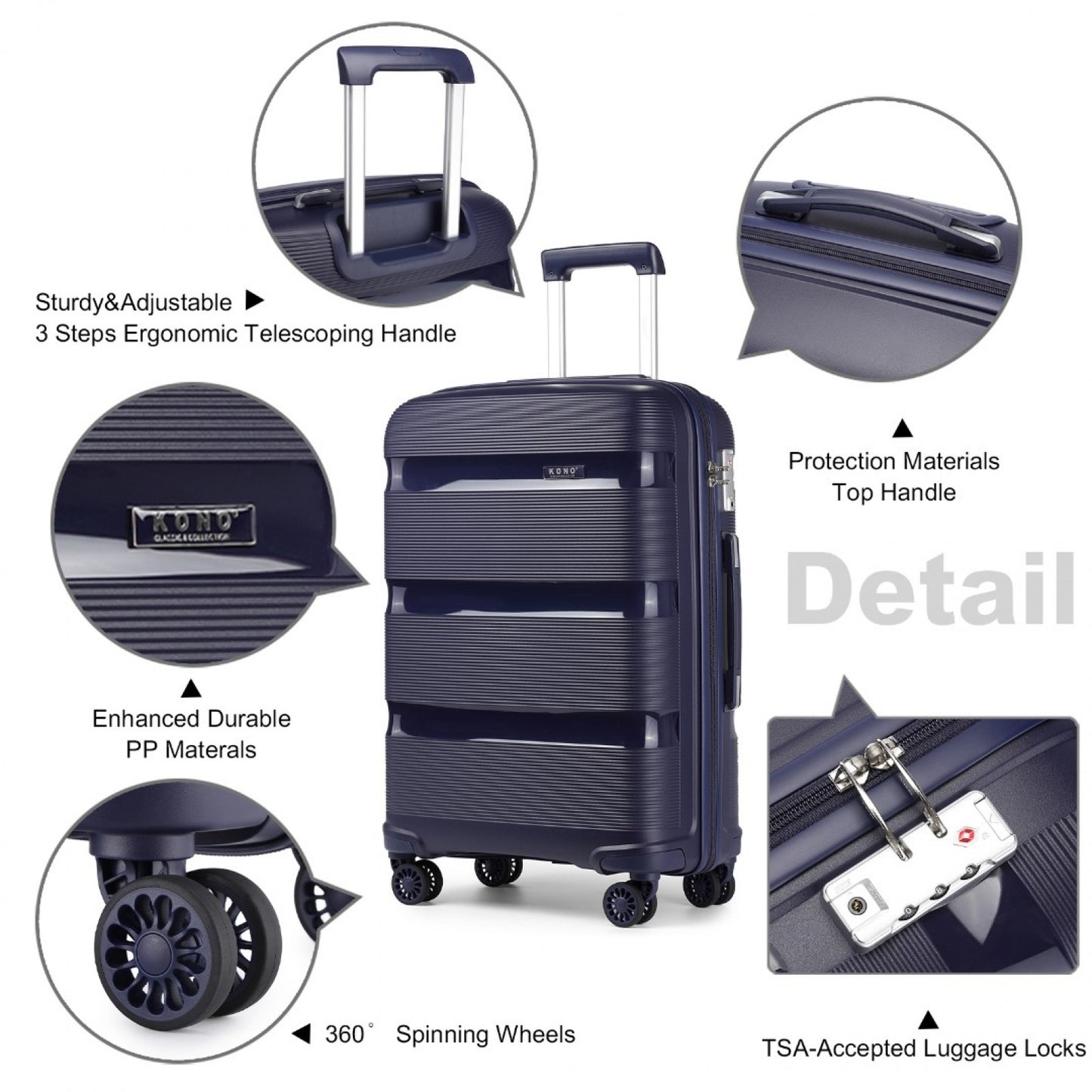 Kono Bright Hard Shell PP Suitcase In (K2092L) - Navy