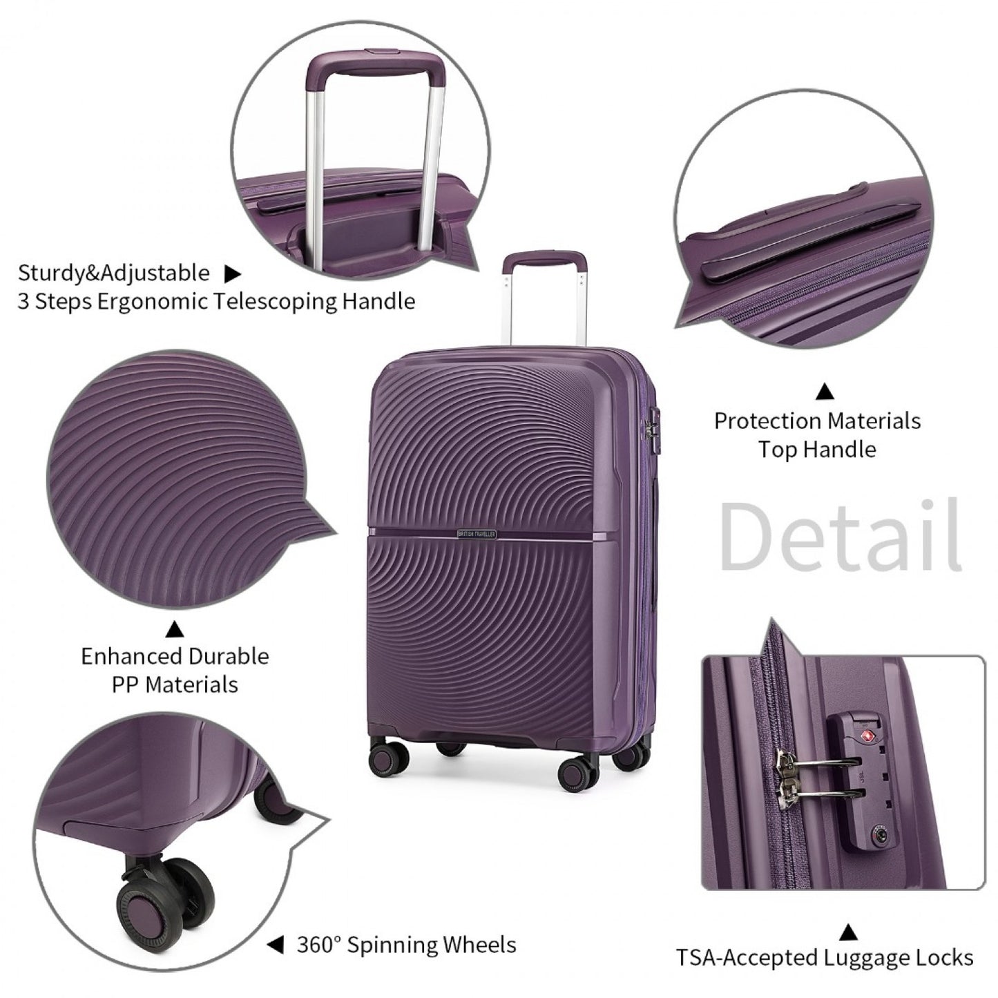 British Traveller Spinner Hard Shell PP Suitcase With TSA Lock (K2393L) - Purple
