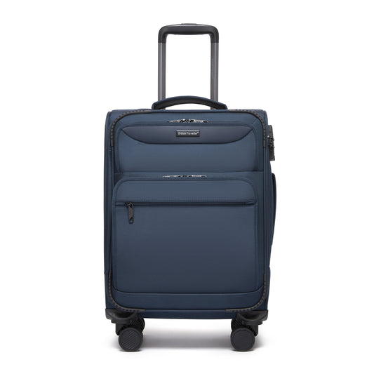 British Traveller Durable Softshell Suitcase with Front Laptop Compartment, TSA Lock & Silent Spinner Wheels (KSB2582) - Navy