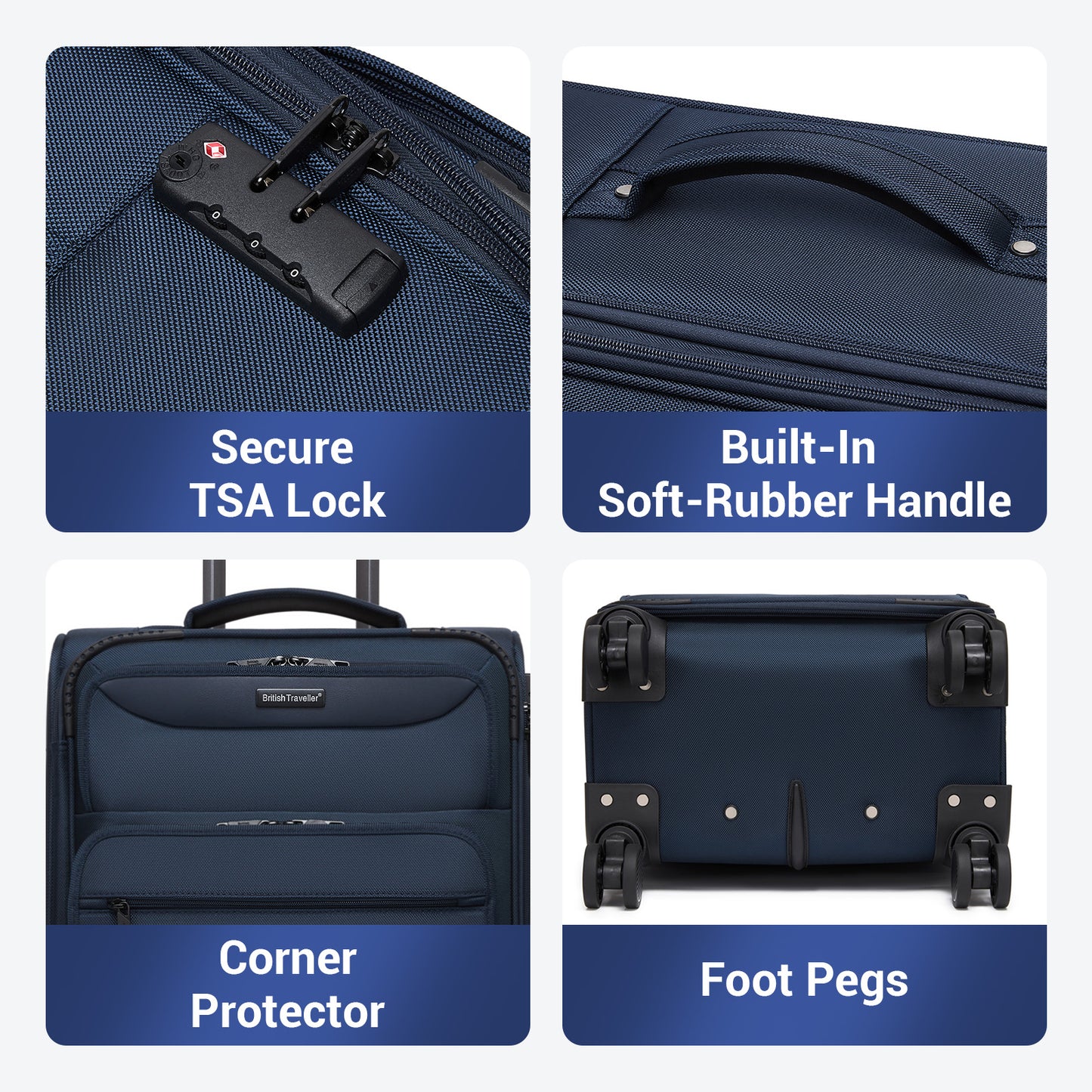 British Traveller Durable Softshell Suitcase 3-Piece Luggage Set (20/24/28 Inch) with Laptop Compartment (KSB2582) - Navy