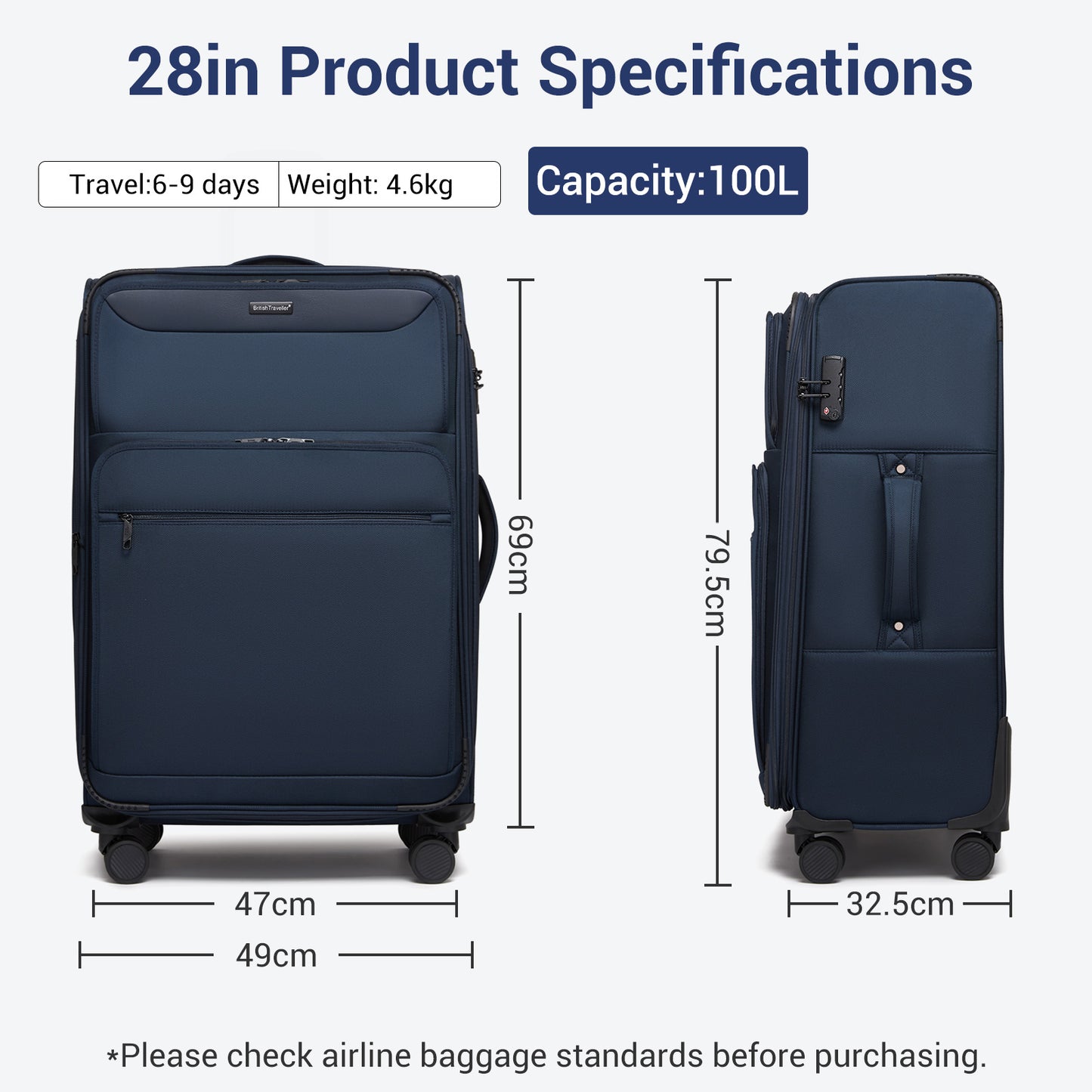 British Traveller Durable Softshell Suitcase with Front Laptop Compartment, TSA Lock & Silent Spinner Wheels (KSB2582) - Navy