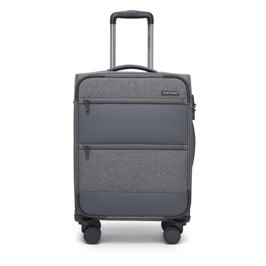 British Traveller Sleek Tough Travel Soft-Shell Suitcase with Silent TPE Spinners, TSA Security and Laptop Sleeve (KSB2597) - Grey