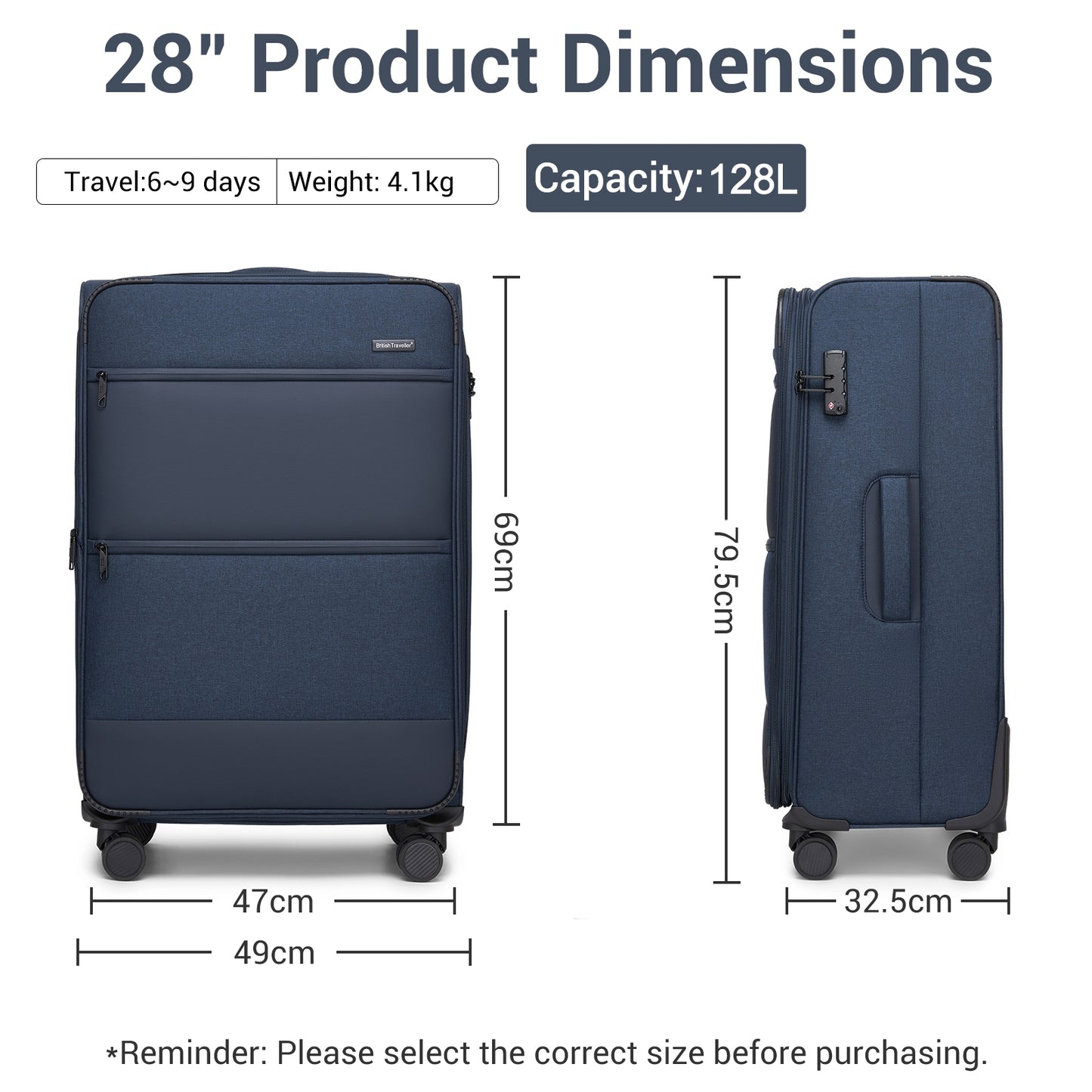 British Traveller Sleek Tough Travel Soft-Shell Suitcase with Silent TPE Spinners, TSA Security and Laptop Sleeve (KSB2597) - Navy