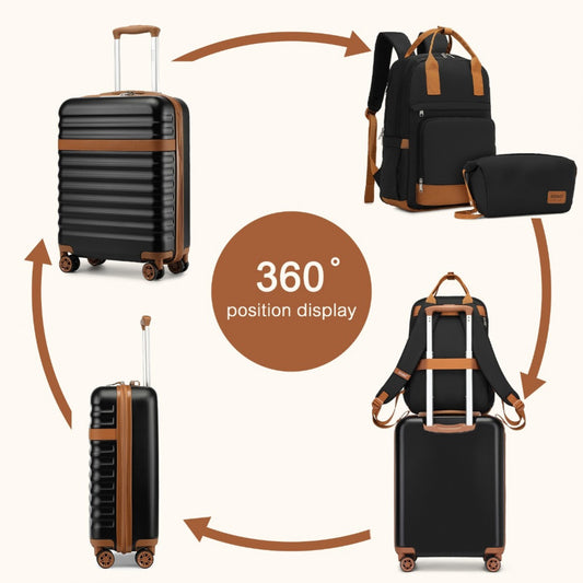 Kono 20 Inch Stylish Hard Shell ABS+PC Cabin Suitcase Included Multi-Compartment Backpack with Small Pouch 3 Piece Travel Set (KSK2484+EQ2401) - Black & Brown