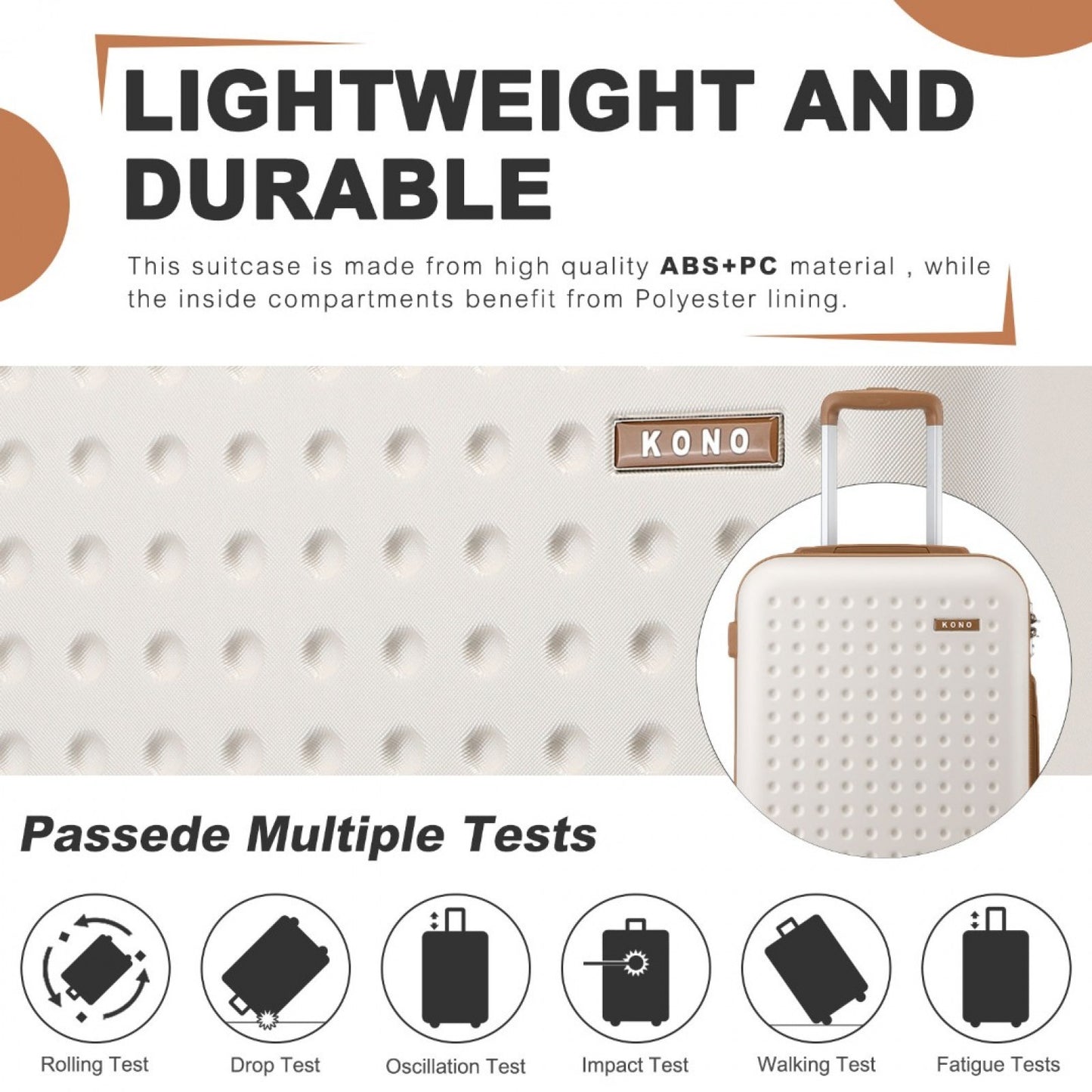 Kono Stylish ABS+PC Polka Dot Hard Shell Suitcase With TSA Lock (KSK2486) - Cream & Brown