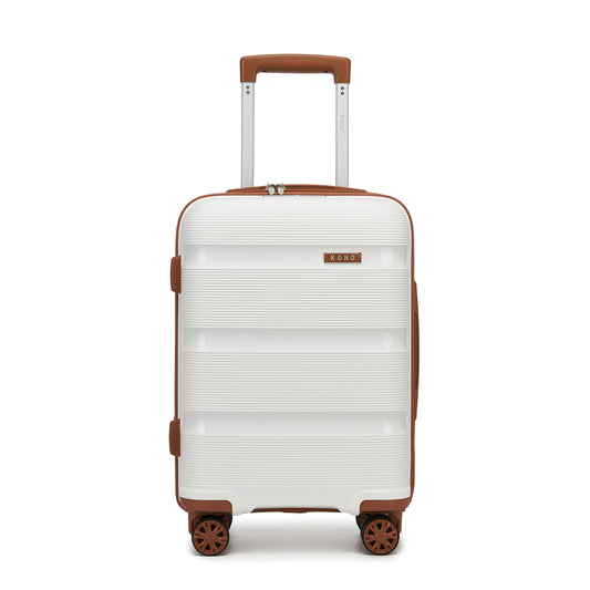 Kono PP Hardshell Suitcase–Lightweight Cabin Luggage with TSA Lock, 360° Silent Spinner Wheels (KSK2492) - Cream & Brown