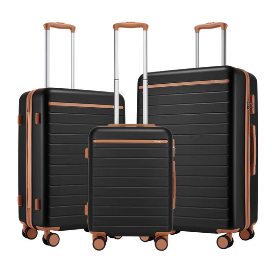 Kono Scratch-Resistant 3-Piece Hard Shell Luggage Set with Horizontal Stripe Design, Brown Accents & Spinner Wheels (KSK2584) - Black & Brown