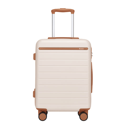 Kono Scratch-Resistant Hard Shell Cabin Suitcase with Horizontal Stripe Design, Brown Accents & Spinner Wheels (KSK2584) - Cream & Brown