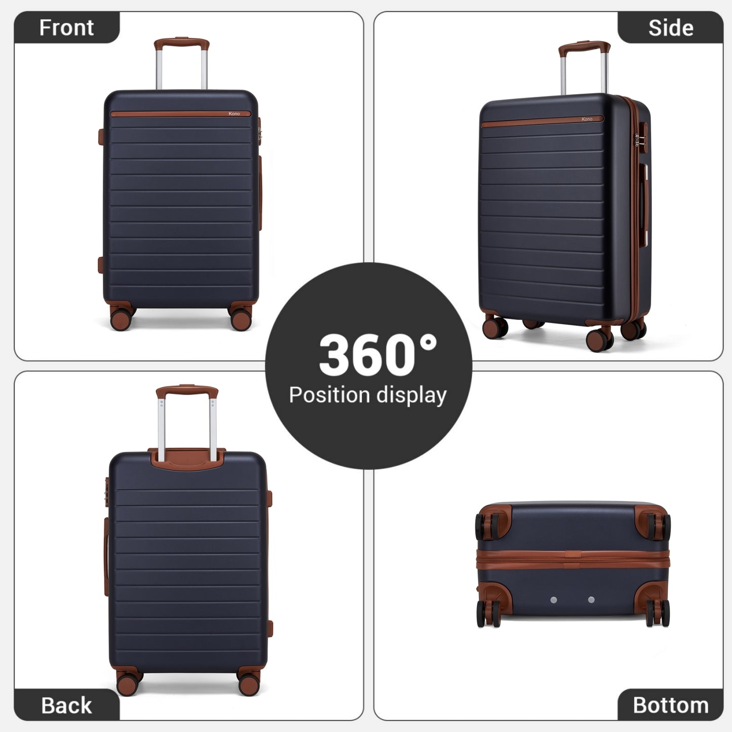 Kono Scratch-Resistant Hard Shell Cabin Suitcase with Horizontal Stripe Design, Brown Accents & Spinner Wheels (KSK2584) - Navy & Brown
