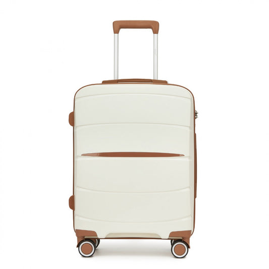 Kono PP Modern Scratch-Resistant Cabin Suitcase with TSA Lock & Stylish Brown Accents (KSK2591) - Cream & Brown