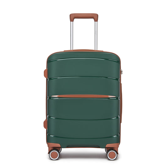 Kono PP Modern Scratch-Resistant Cabin Suitcase with TSA Lock & Stylish Brown Accents (KSK2591) - Green & Brown