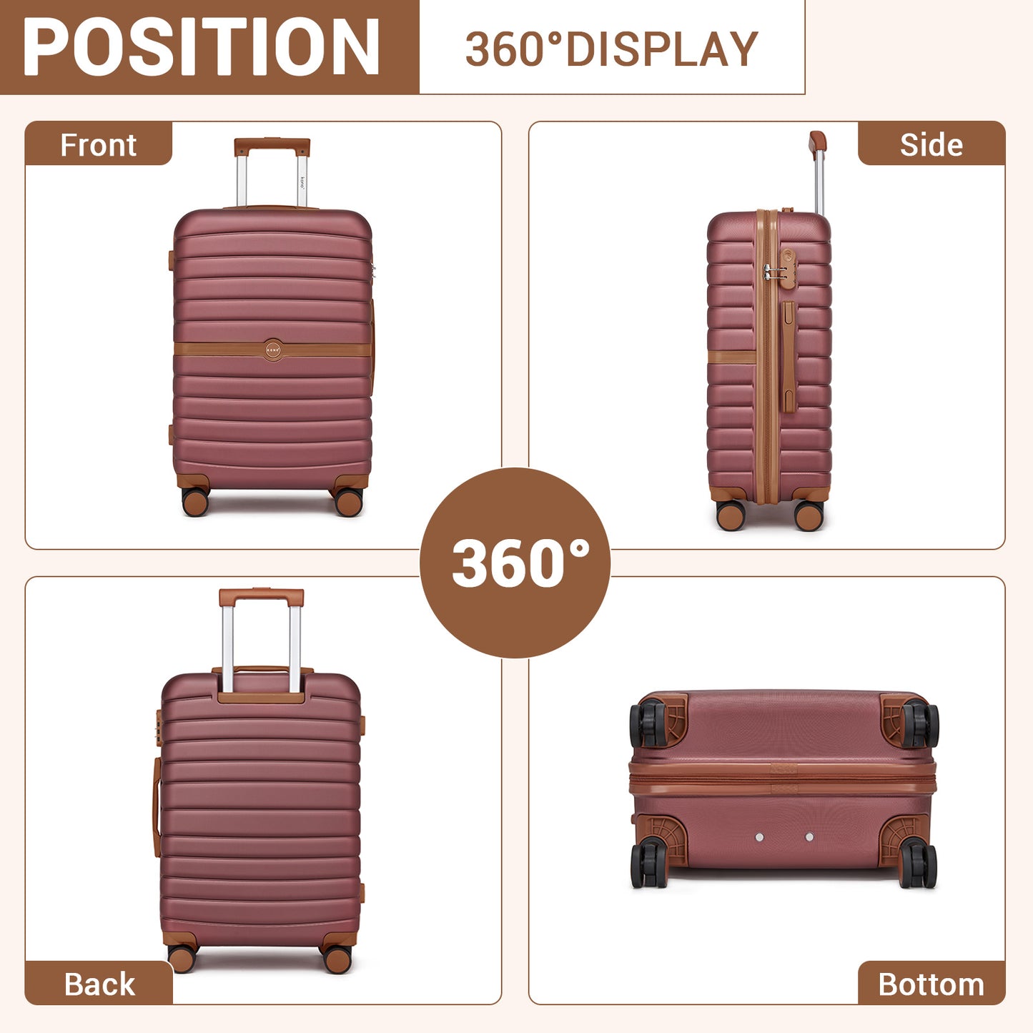 Kono ABS+PC Striped Design with Colour-Block Details Cabin Suitcase with Silent Spinner Wheels (KSK2592) - Burgundy & Brown