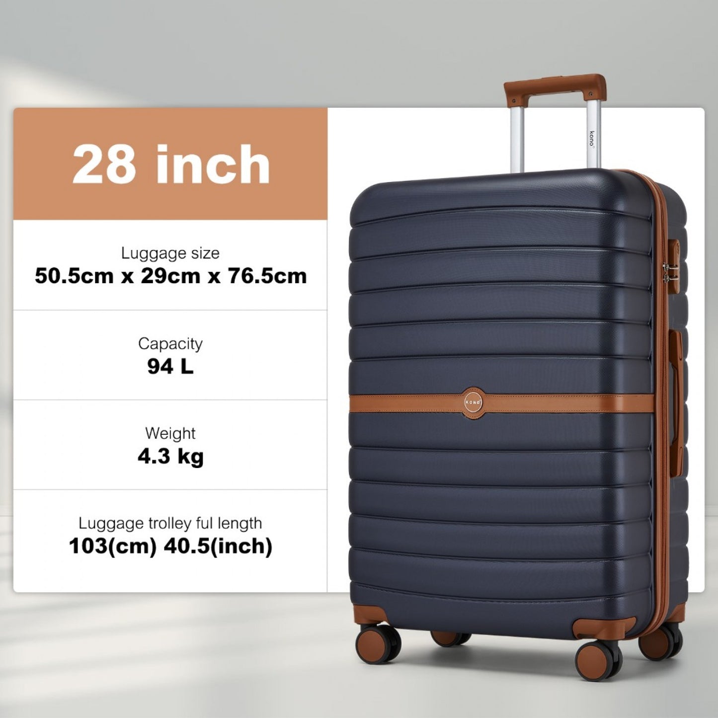Kono ABS+PC Striped Design with Colour-Block Details Cabin Suitcase with Silent Spinner Wheels (KSK2592) - Navy & Brown