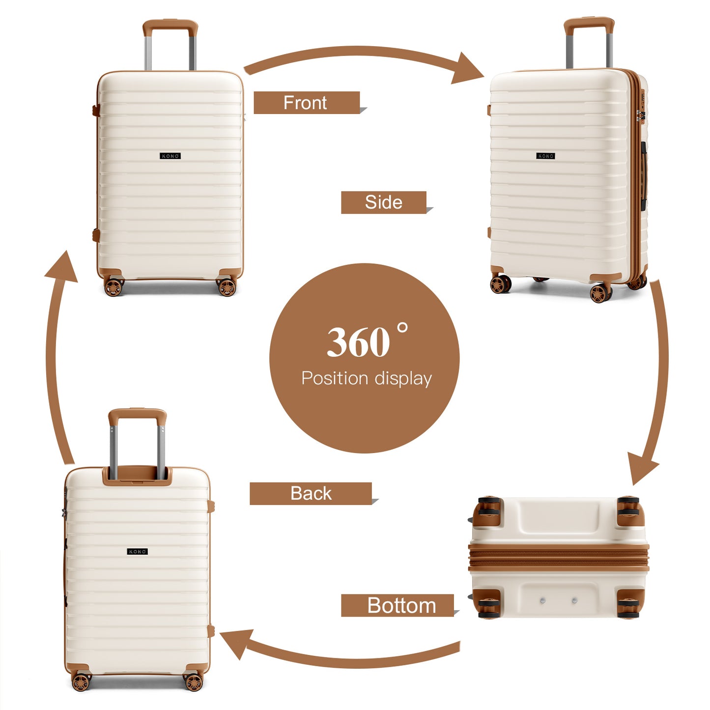 Kono Hard Shell Scratch-Resistant PP Luggage with Cup Holder, TSA Lock & Expandable Design-Cabin Trolley For Travel (KSK2595) - Beige & Brown