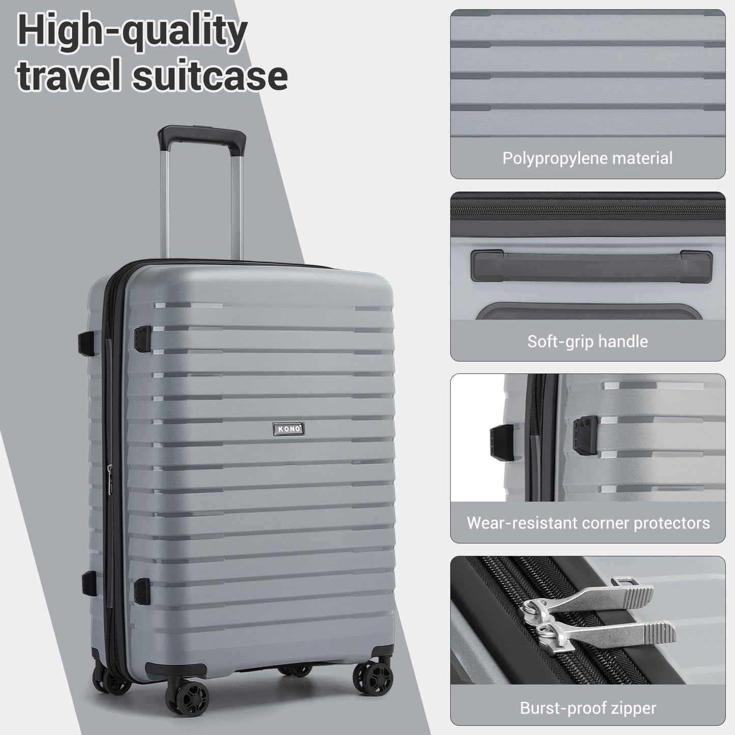 Kono Hard Shell Scratch-Resistant PP Luggage with Cup Holder, TSA Lock & Expandable Design-Cabin Trolley For Travel (KSK2595) - Grey