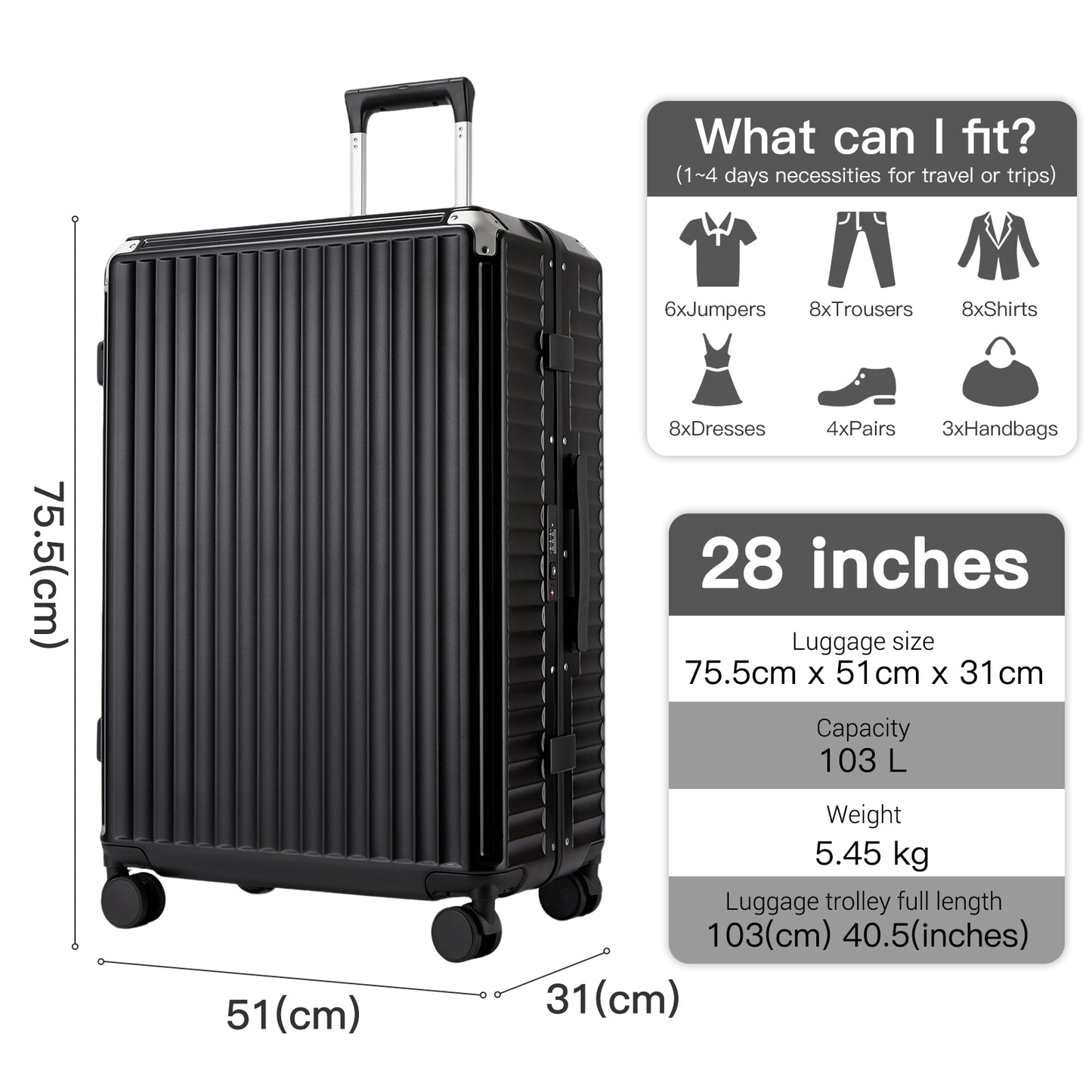 Kono Zipperless Aluminium Frame PC Hard Shell Suitcase – Smart Lock Travel Luggage with Phone Holder & Cup Holder (KSK2693) - Black