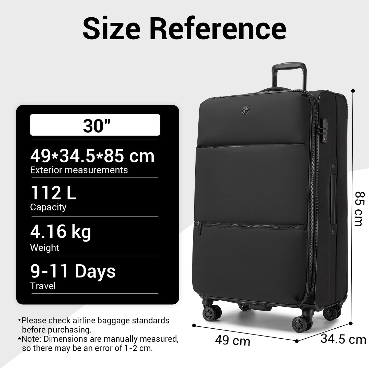 Women's Lightweight Softshell Suitcase with Spinner Wheels and Spacious Compartments (KSN2593) - Black