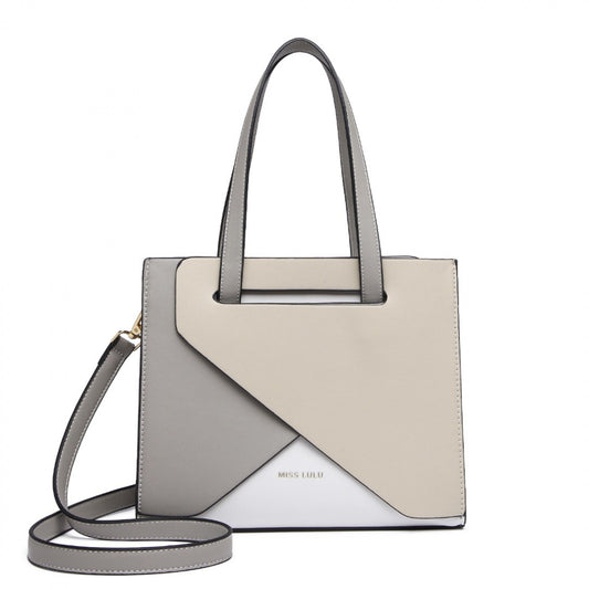 Miss Lulu Contrast Panel Shoulder Bag (LB2008) - Grey & Beige