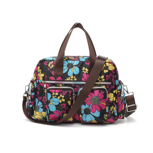 Kono Versatile Multi-Pocket Travel Bag With Adjustable Detachable Strap And Flower Print (MSK2434F) - Black