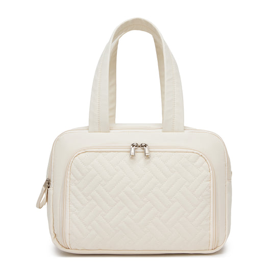 Kono Travel Quilted Toiletry Bag – Water-Resistant, Wet/Dry Pocket, Large 180° Opening for Easy Access (TOK2608) - Beige