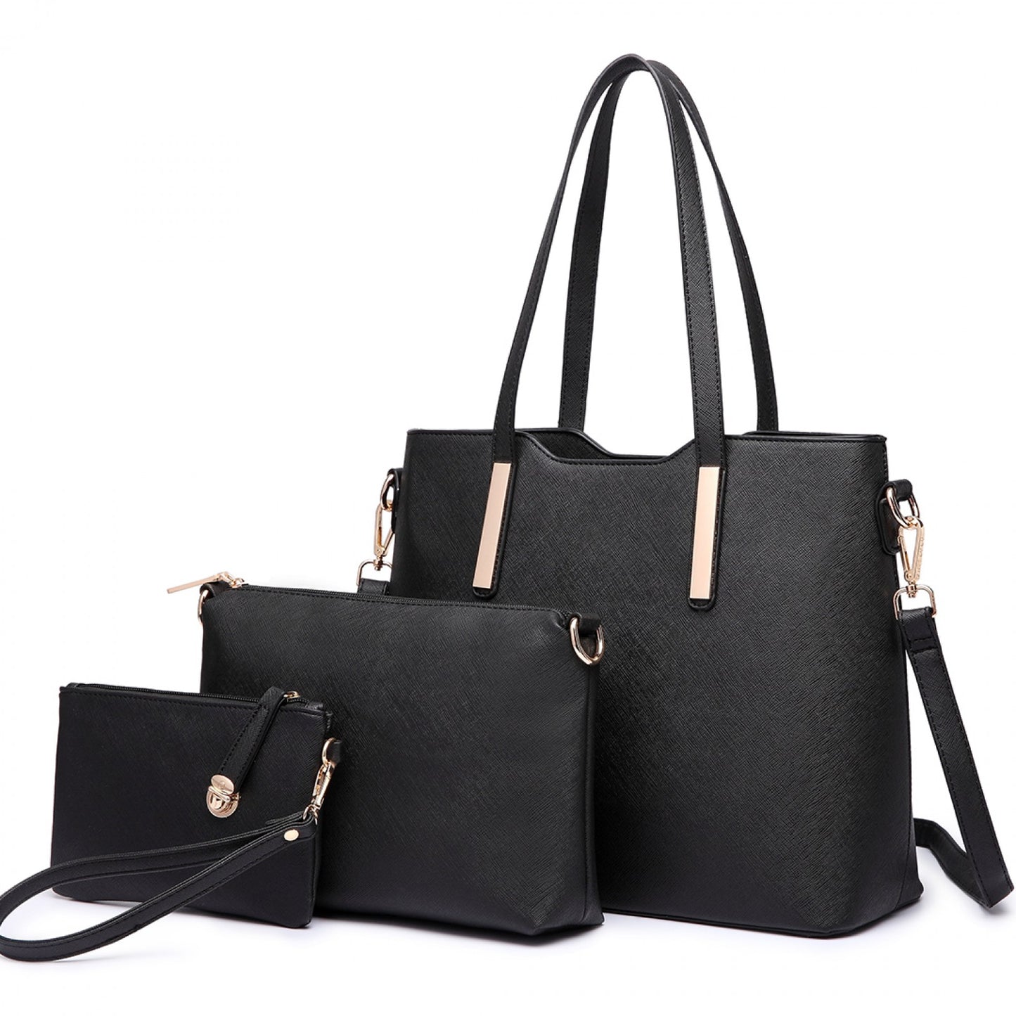 Miss Lulu Three Piece Tote Shoulder Bag And Clutch (LT6648) - Black