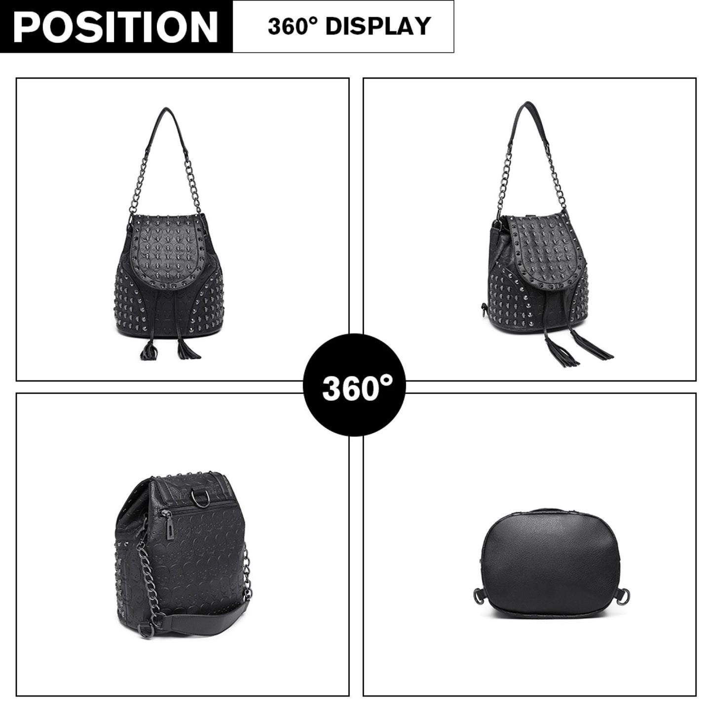 Miss Lulu Skull Studded Backpack Shoulder Bag (L1414) - Black