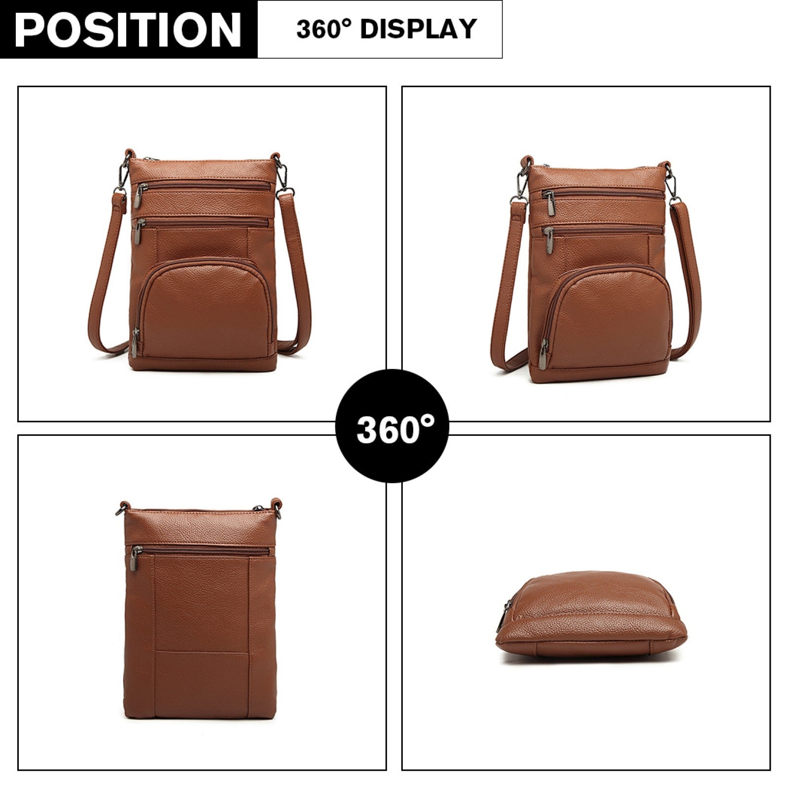 Kono Miss Lulu Multi Pocket Leather Look RFID-Blocking Cross Body Bag (LB6927) - Brown