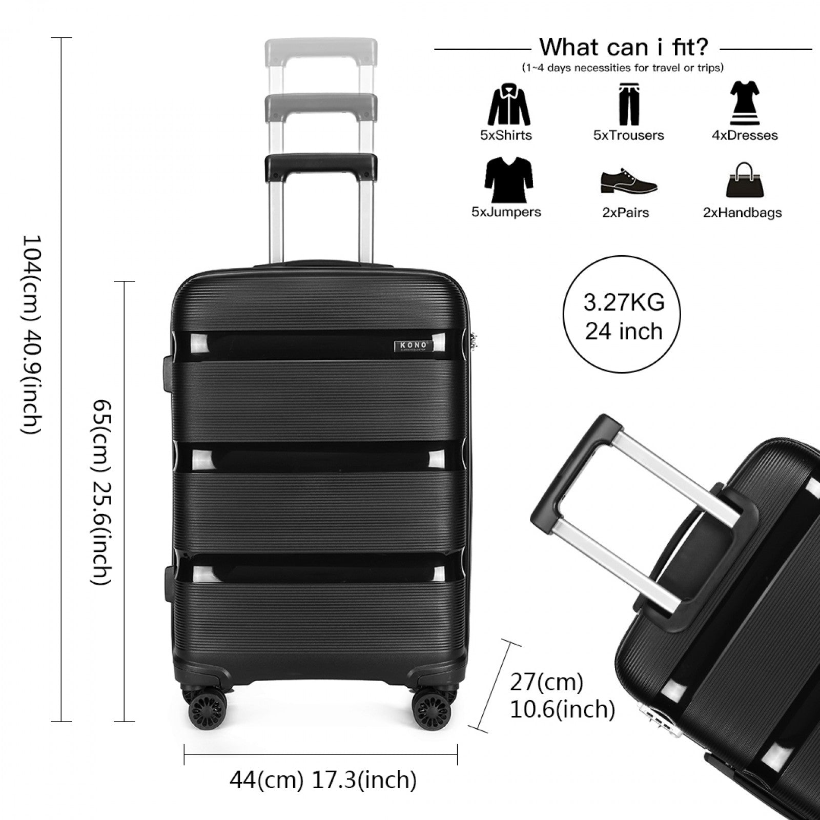 Kono Bright Hard Shell PP Suitcase In (K2092L) - Black
