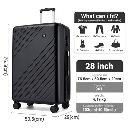 Kono ABS+PC Hard Shell Luggage, Diagonal Stripe Lightweight Travel Suitcase with Silent Spinner Wheels & Organised Interior (KSK2585) - Black