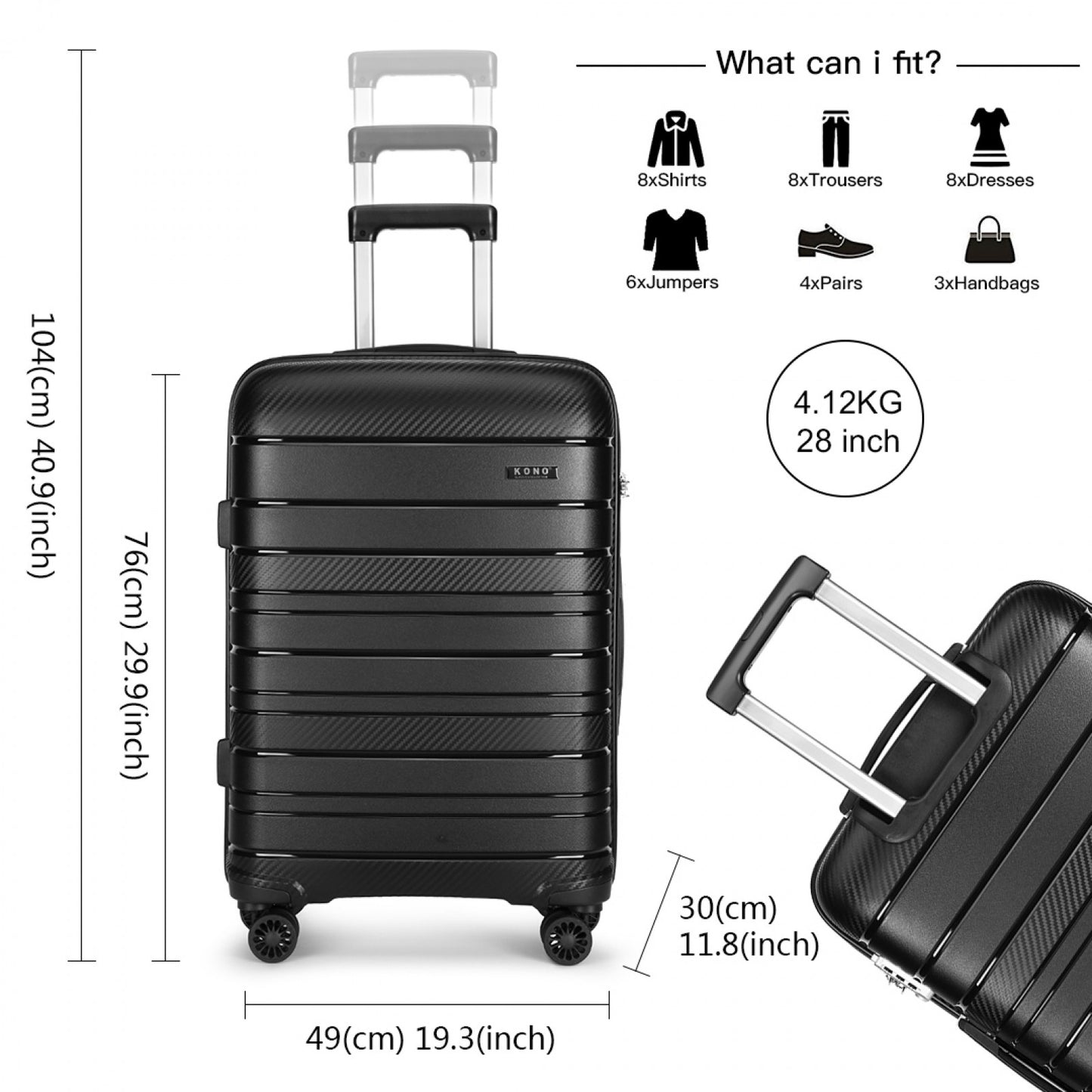 Kono Multi Texture Hard Shell PP Suitcase Classic Collection (K2091L) - Black