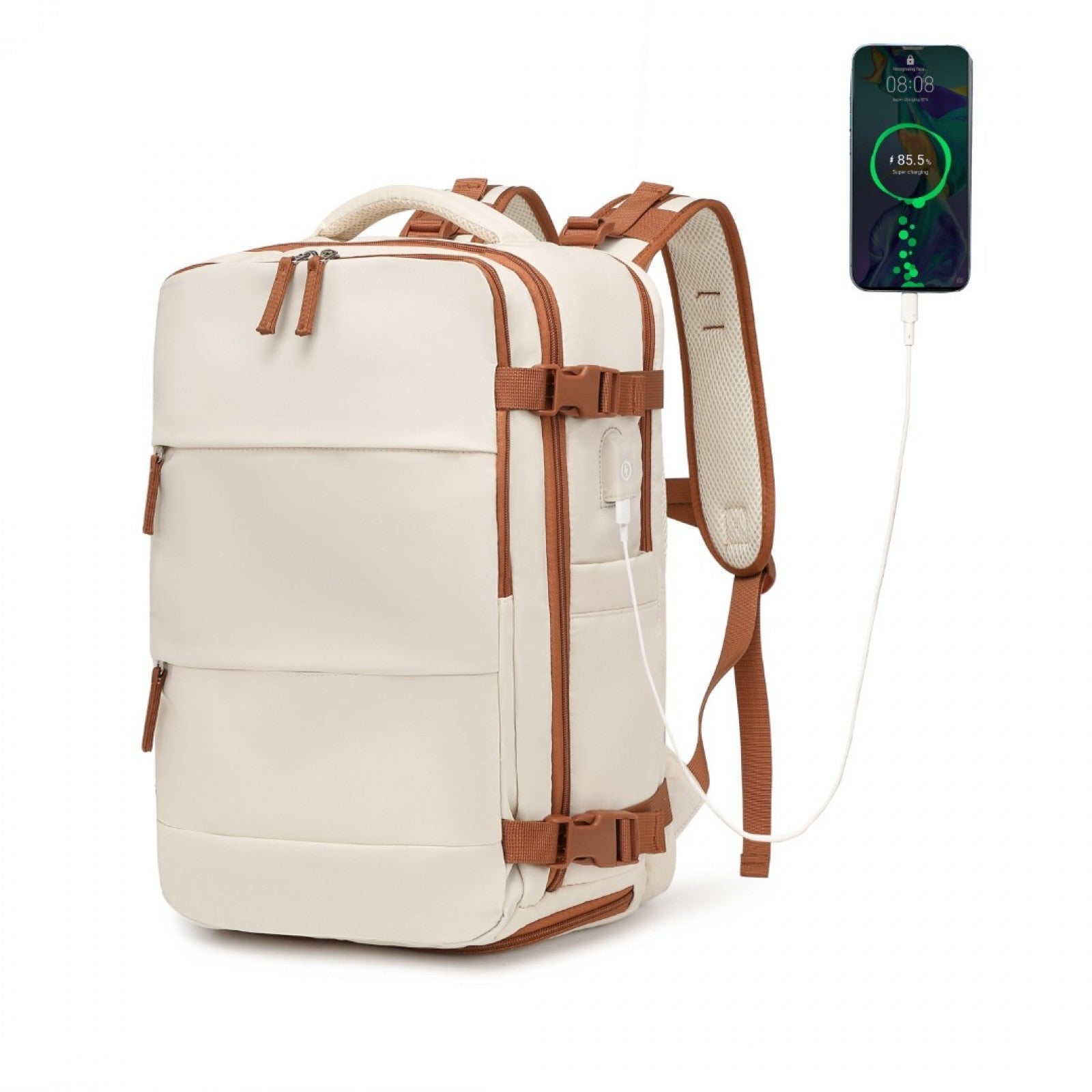 Kono Multi-Functional Breathable Travel Backpack With USB Charging Port And Separate Shoe Compartment (EQ2344) - Beige & Brown