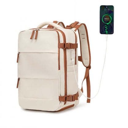 Kono Multi-Functional Breathable Travel Backpack With USB Charging Port And Separate Shoe Compartment (EQ2344) - Beige & Brown