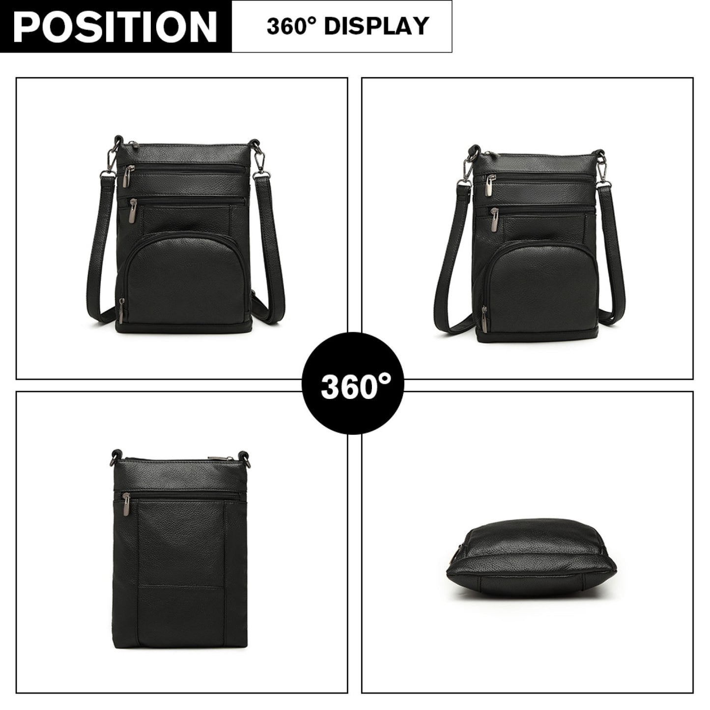 Kono Miss Lulu Multi Pocket Leather Look RFID-Blocking Cross Body Bag (LB6927) - Black