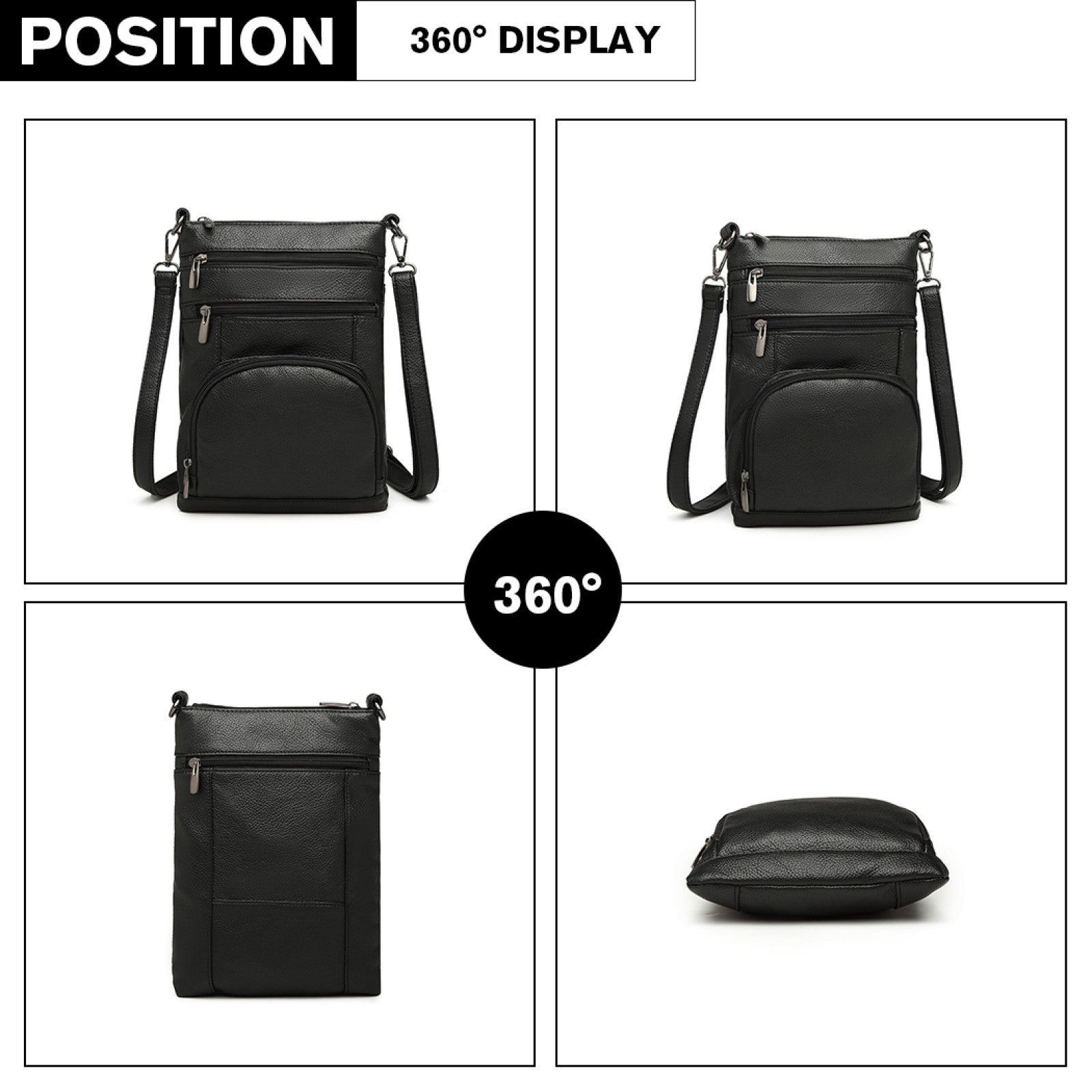 Kono Miss Lulu Multi Pocket Leather Look RFID-Blocking Cross Body Bag (LB6927) - Black
