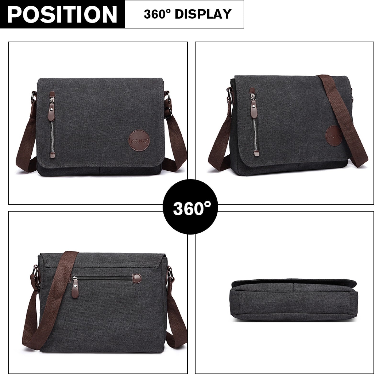 Kono RFID-Blocking Retro Style Canvas Cross Body Messenger Bag (E1824-1) - Black