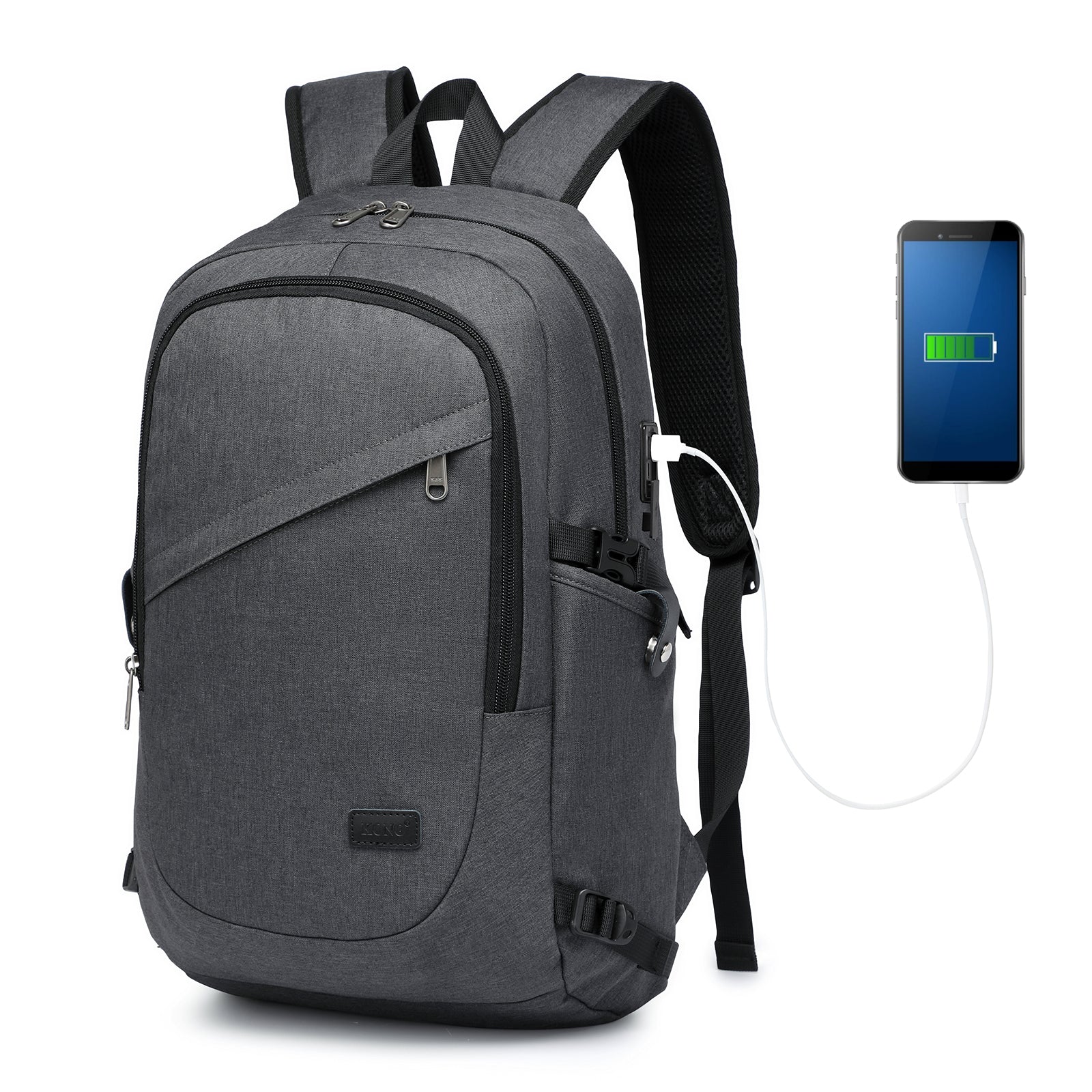 Dark grey Kono tech laptop backpack front view