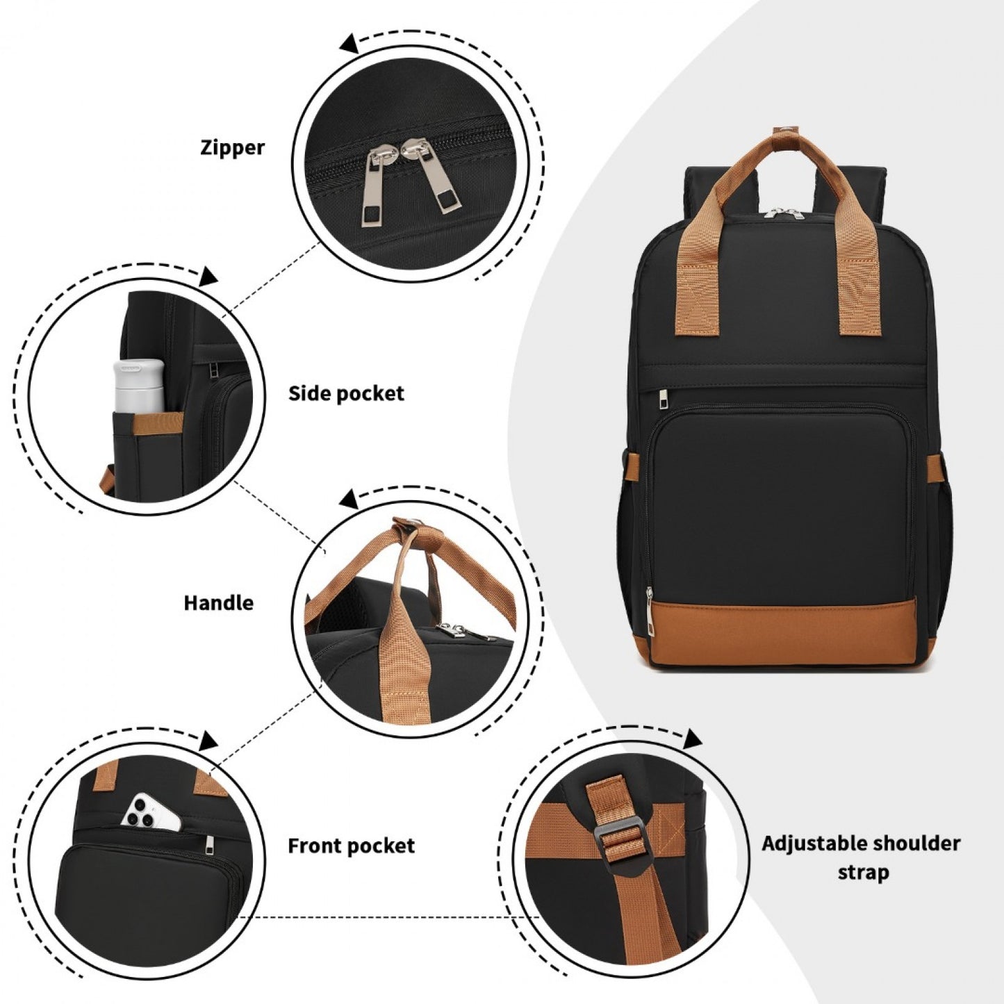 Kono Casual Contemporary Laptop Backpack - Black and Brown - product view 7